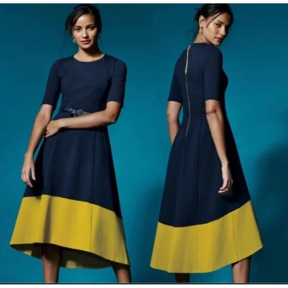 Boden Wren Navy Gold Colorblock Hi-Low Midi Dress size 10P Short Sleeve Flare - Image 2 of 4