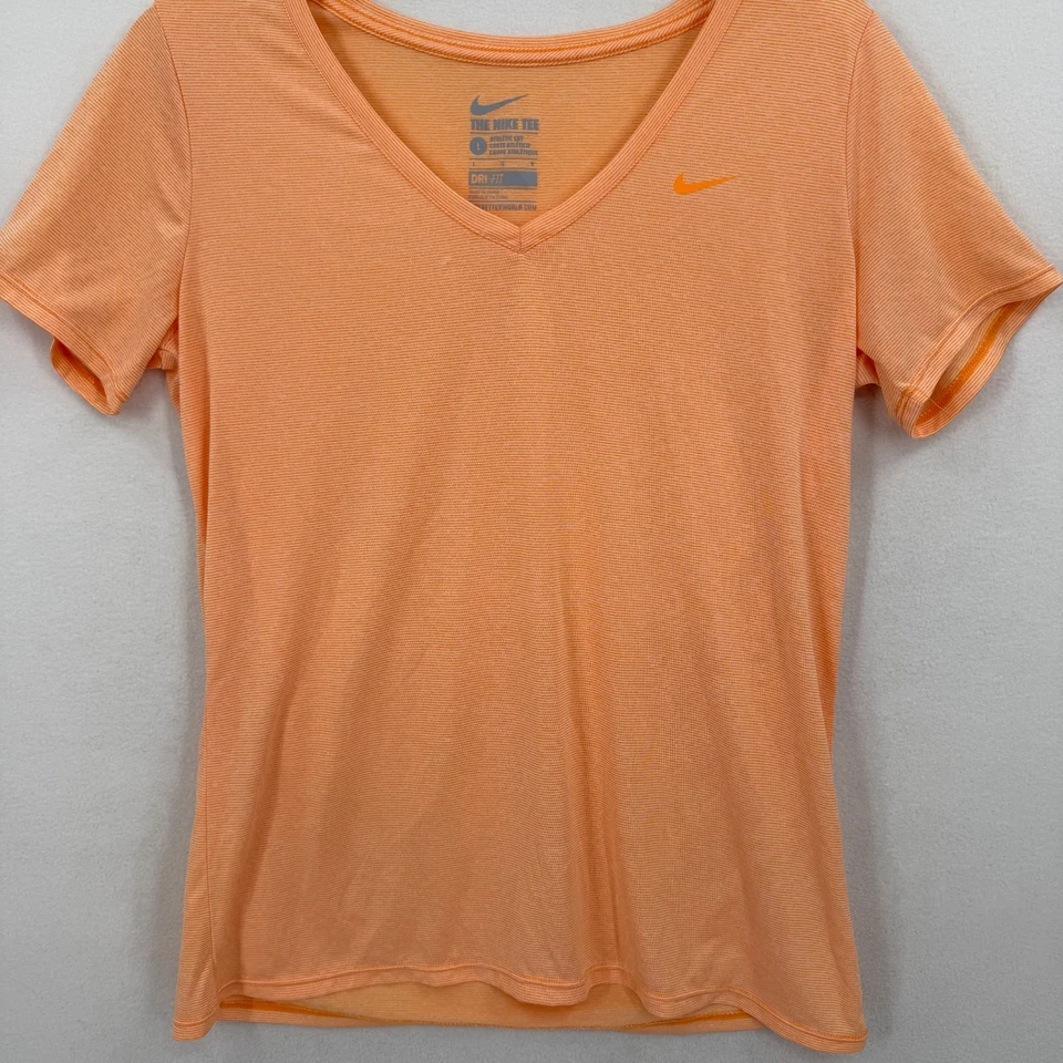 Nike Dri-FIT Women’s V-Neck Tee Shirt L Orange Purple Striped Lot of 2 726445 - Image 2 of 4
