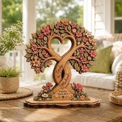 Personalized Heart Tree Wooden Block Custom Couple Names Wood Sign Anniversary