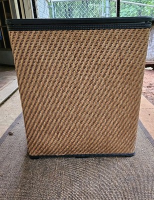 Vintage Plastic Wicker Laundry Hamper Brown Woven 22'' Clothes Bin Storage