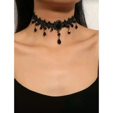 Black Lace Choker Necklace Gothic Victorian Teardrop Bead Pendant Elegant