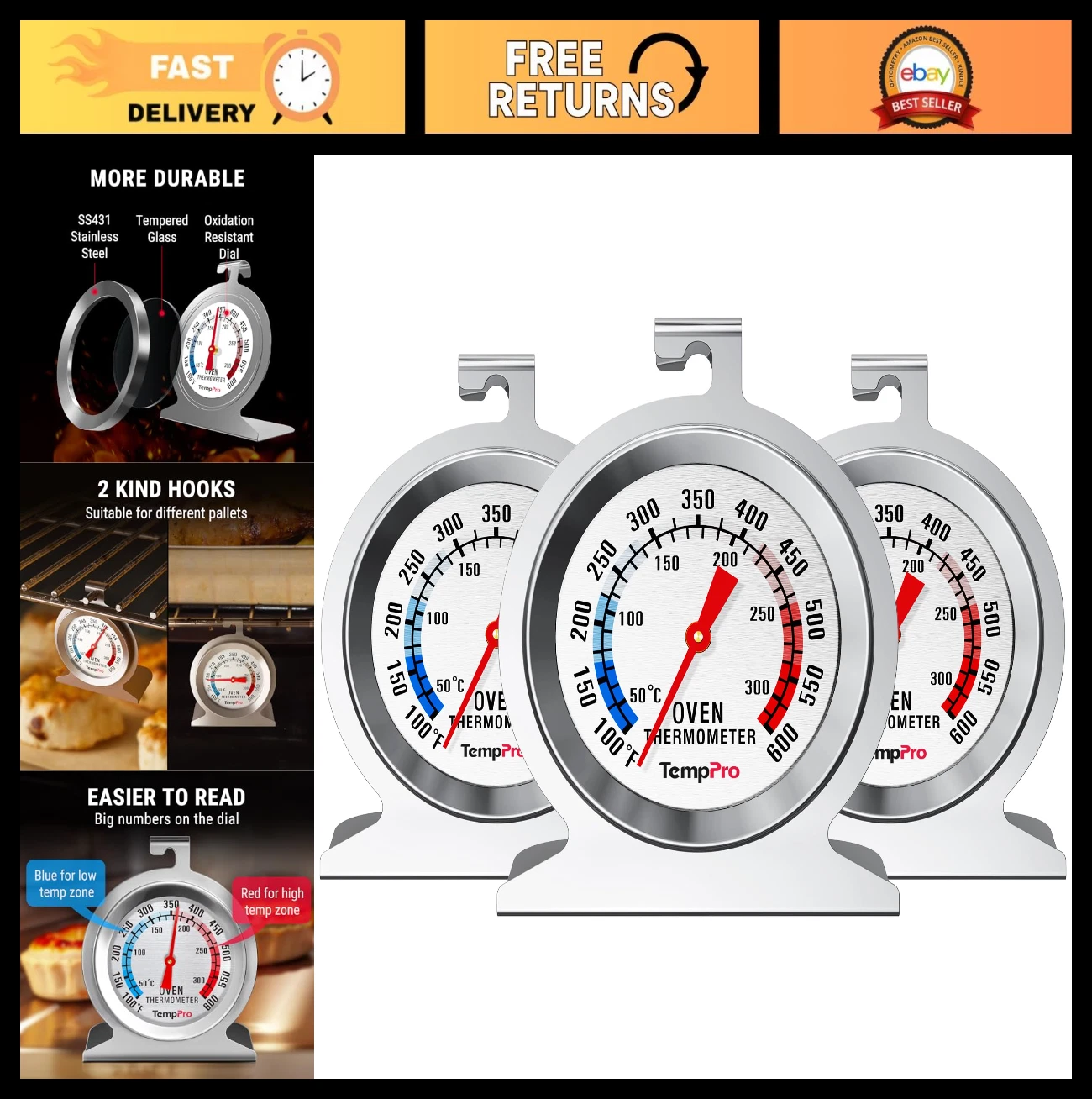 3-Pack Oven Thermometer for Gas Ovens & Smokers, 50-300°C/100-600°F, Stainless S