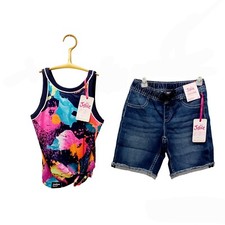 Justice Short Set-10-Denim Girlfriend Bermuda Shorts-Tank Top w/Hair Scrunchie