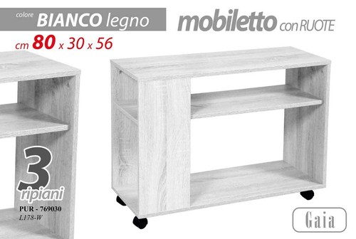 MOBILE TAVOLINO PORTA PC TV CON RUOTE BIANCO LEGNO 80*30*H56 - Foto 10 di 14