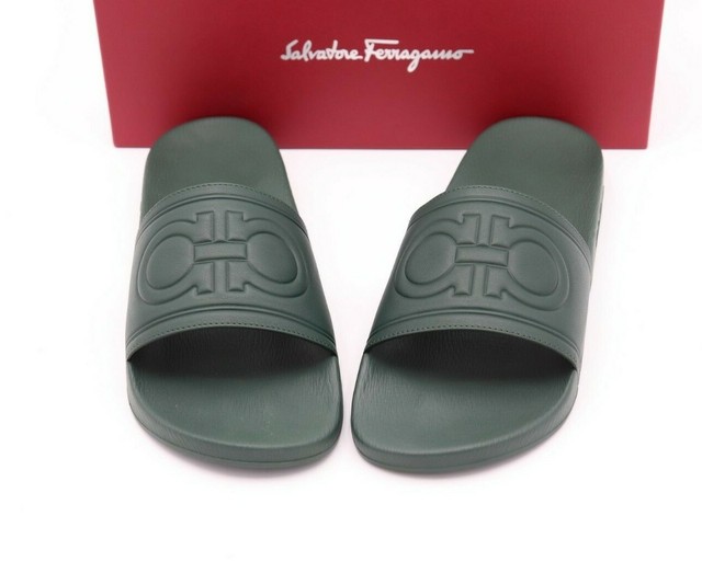 Green Leather Gancini Slide Sandals 