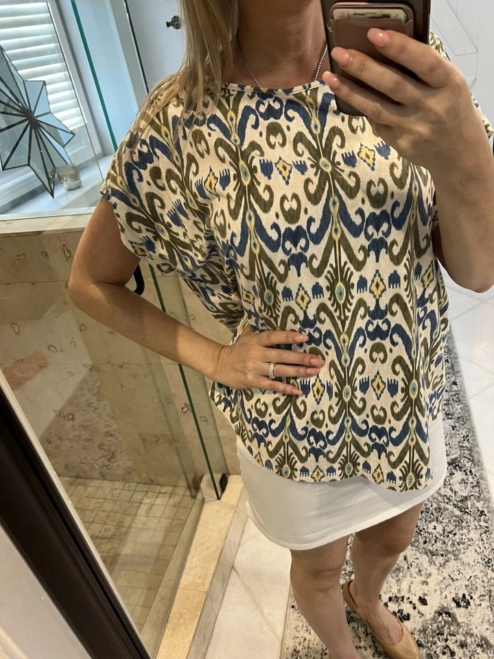 Blusa para mujer Chaps 2X Plus manga corta kimono algodón Ikat azul verde Foto 3 de 4