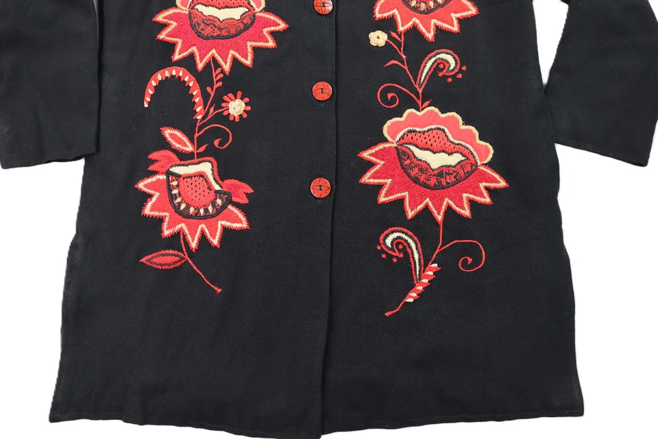 INDIGO MOON US Women’s L Black 100% Cotton Floral Embroidered Coat Evening Party - Изображение 2 из 4