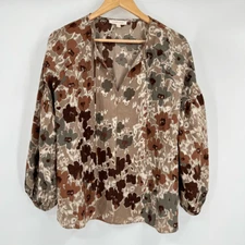 Grade & Gather LRG Blouse Tan Brown Floral Split Neck Raglan Style Womens
