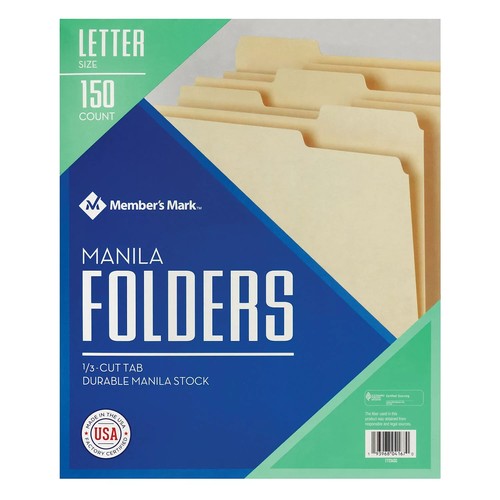 2Pk Member's Mark Manila File Folders,Letter, 1/3 Cut Assorted Tabs,150 per Box - Picture 2 of 5