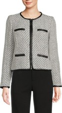 $312 Ecru Saks Womens Tweed Roundneck Faux Leather Trim Jacket White Black Small