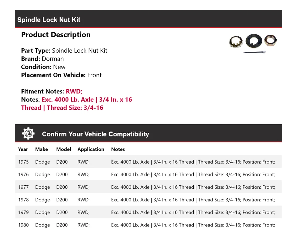 For 1975-1980 Dodge D200 RWD Dorman Spindle Lock Nut Kit Front 1976 1977 1978 - Image 2 of 4