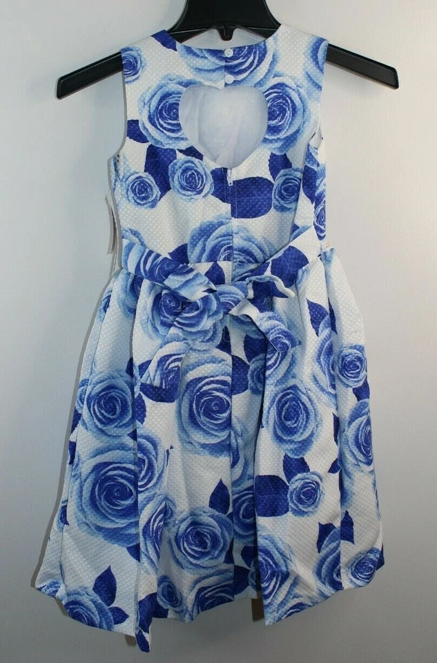 Vestido azul y blanco floral con cinturón Piqué línea A talla 7 Foto 3 de 4