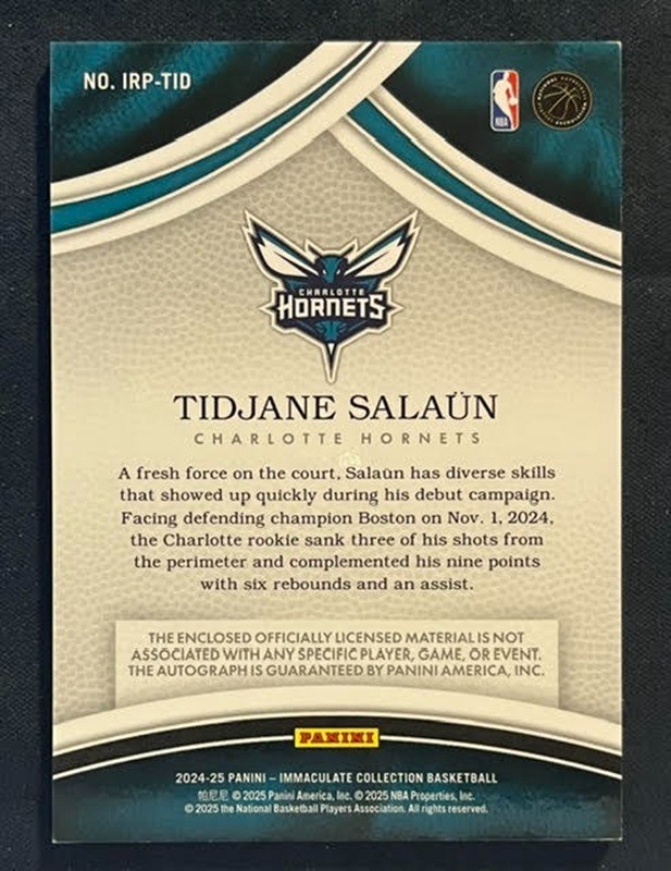 2024-25 Panini Immaculate Tidjane Salaun Rookie Patch Auto 25/25 Hornets view 2