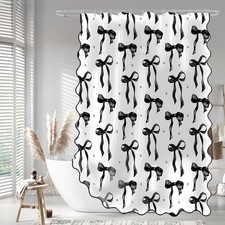 Black Bow Shower Curtain Coquette Scalloped Edge Waterproof Bathroom Decor - ...