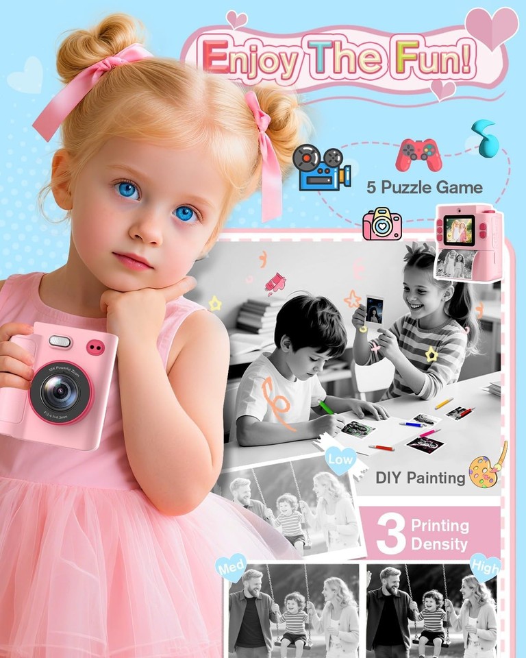 MystiLuck Kindercamera 1080p HD, 2,0 inch scherm, 32 GB kaart, fotoapparatuurspeelgoed voor 3-12 jarige kinderen, Kerstmis en verjaardag
