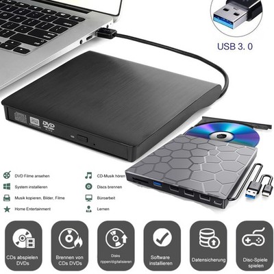 USB 3.0 Externes CD/DVD Laufwerk Brenner Player mit Type C für Laptop PC Schwarz