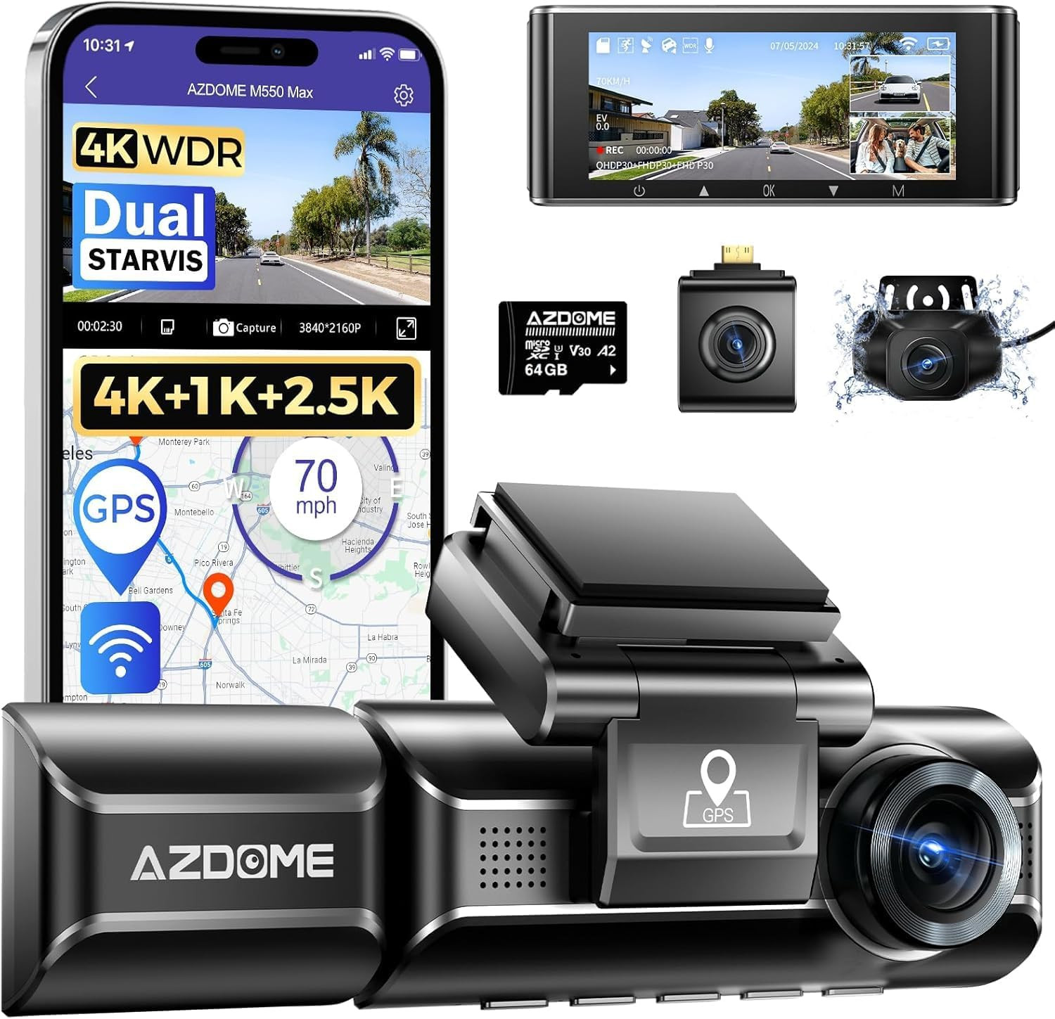 Azdome M550 Max Dash Cam 4K a 3 Canali, Telecamera Auto con GPS WIFI Anteriore - Miniatura 9