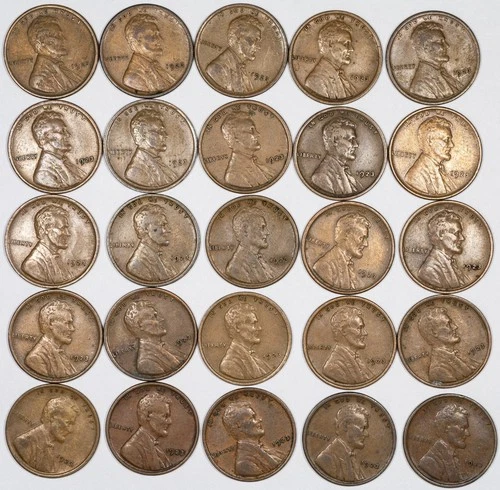 1923-P Lincoln Wheat Penny Half Roll of 25 Coins ALL EXTREMELY FINE XF