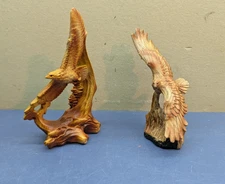 Lot of 2 Faux Wood Soaring Eagle Figurines - Resin