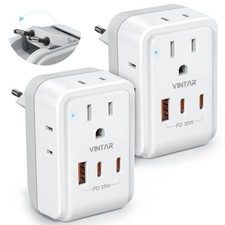 2 Pack European Travel Plug Adapter, VINTAR PD 35W Foldable Small, white+gray 