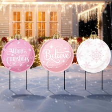 3 Pcs Pink Christmas Balls Yard Signs 20'' H Metal Outdoor Waterproof Xmas Ya...