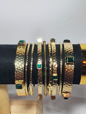 Set Of 8 Gold Tone Metal Bangle Bracelets w/ Green Stones