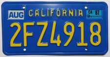 Nummernschild USA aus California in gelb auf blau von 1987. Schön für Oldtimer.