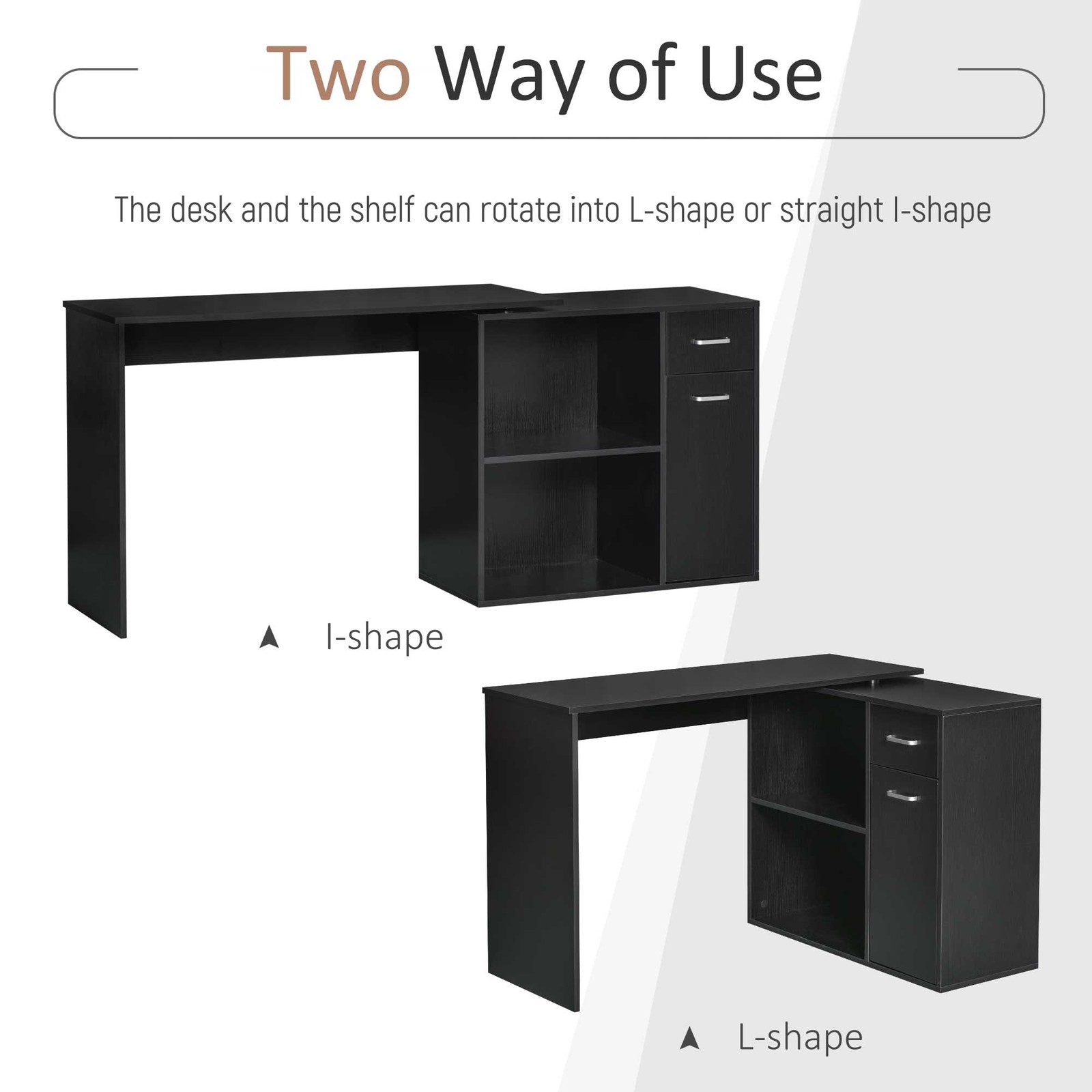 Rotating Home Office L-Shaped Corner Desk w/ Storage Drawer Computer Table Black