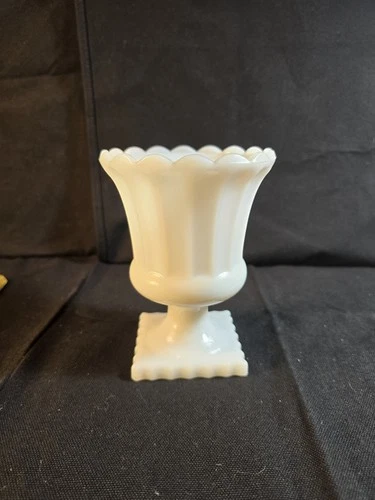 Vintage Milk Glass Pedestal Vase, Scalloped Rim & Square Foot Base, Hazel Atlas