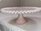 Vtg Fenton Pink Silver Crest Pedastal Cake Stand Milk Glass Ruffled Edge Elegant