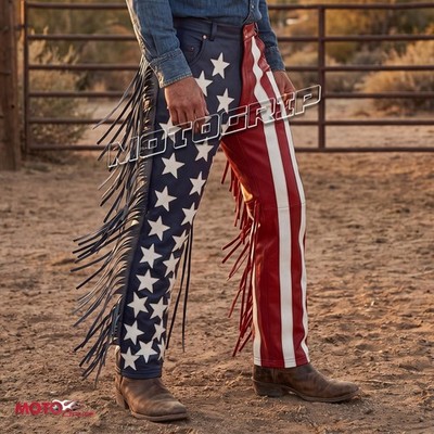 Men's Western Cowboy Cowhide Leather Fringe Pants   USA Flag Cowhide Jeans Style