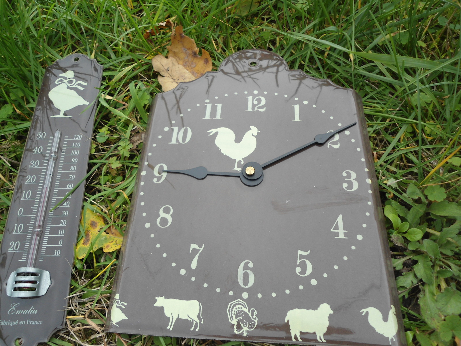 Thermomètre horloge en émail blanc vintage de 30 cm pour décoration murale