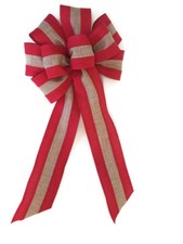 Large 10" Hand Made Natural Red Stripe Bow - Christmas Winter Wreath