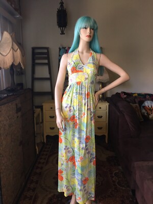 Vintage 70s Sears Fashions (Sears Roebuck USA)Watercolor Halter Maxi Dress  | eBay
