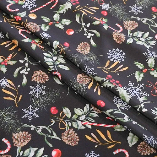 FABRICUK CHRISTMAS FABRIC 100% POLYESTER HOLLY BLACK 150CM WIDE