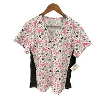 Divine Stretch Scrub Top L V-Neck Pink Ribbons  Hearts Print