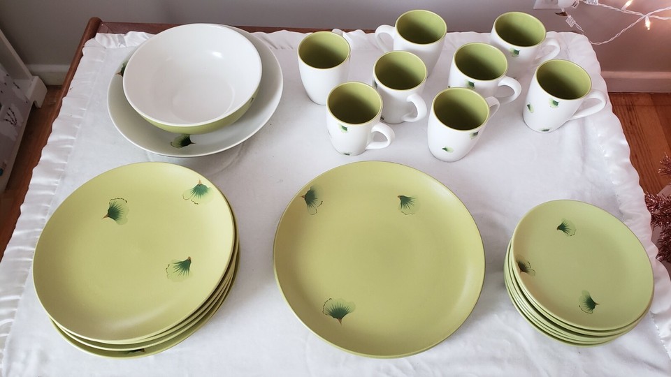 Yedi Houseware Narita China Set Dinnerware 39 Piece Green Ginko Leaves Serving eBay