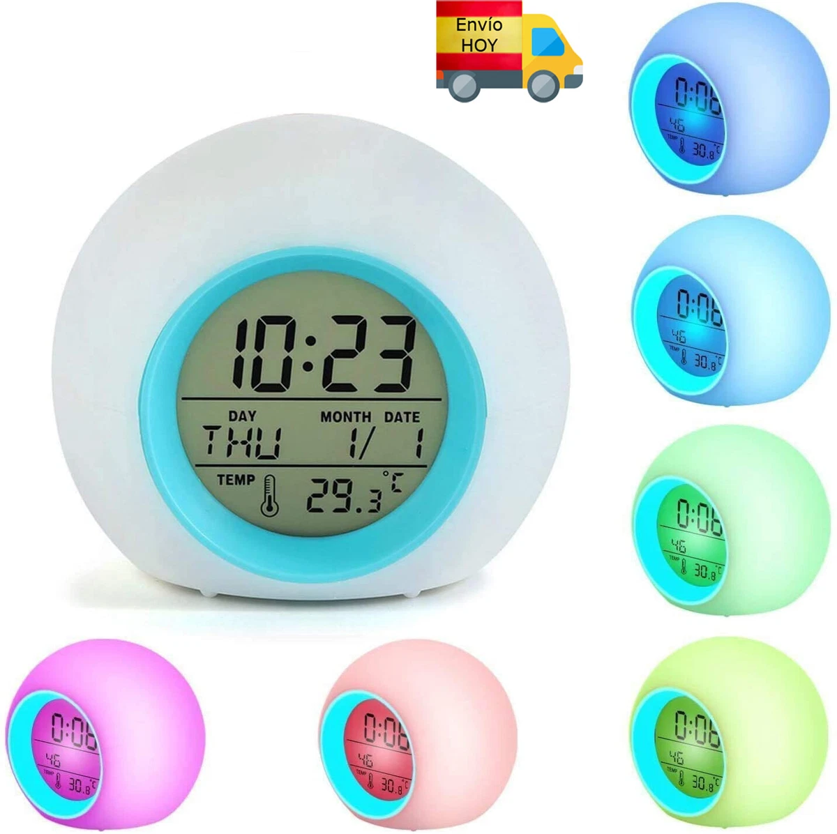 Reloj Despertador Luz Led 7 Colores Alarma Temperatura Fecha