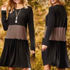 Suzanne Betro Black & Camel Tiered Dress Long Sleeve Size Small