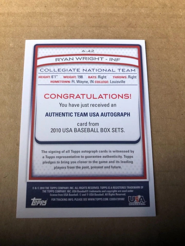 2010 USA Baseball Autographs #A42 Ryan Wright - Image 2 of 2