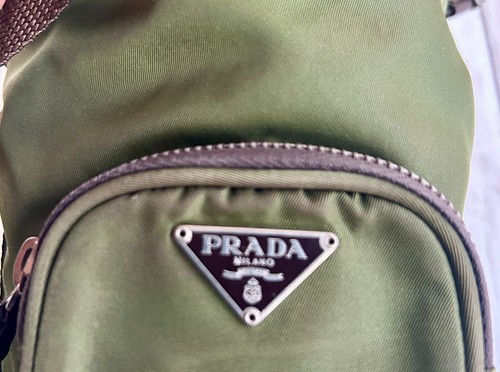 PRADA Mini DUET GREEN VELA NYLON BROWN Saffiano Trim Drawstring Bucket # 31 /28 - Picture 8 of 15