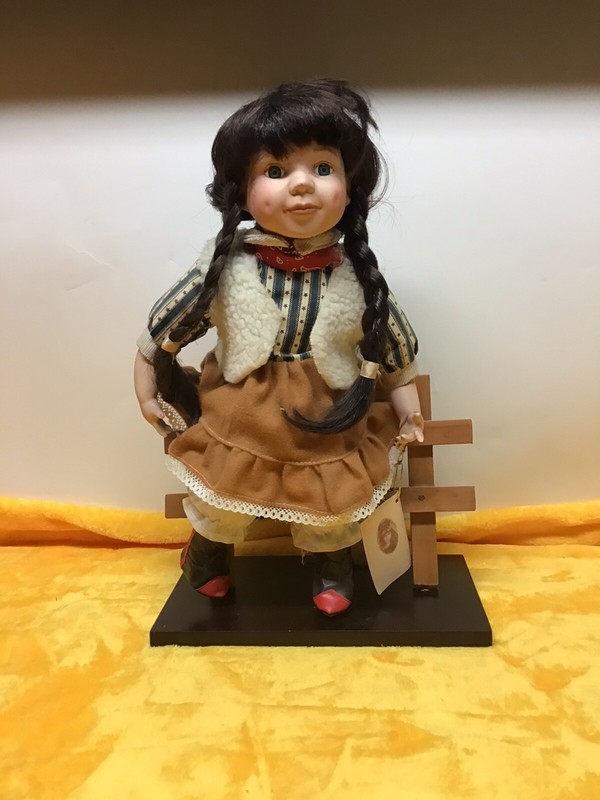 Swan Collection Porcelain Girl On The Fence Doll 14” With Stand and Fence.
