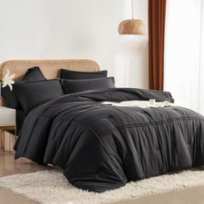 Queen Comforter Set 7 Piece Bed in a Bag,Grid Pinch 7Piece-Queen 90X90" Black