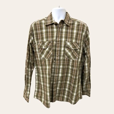Ruff Hewn Well Worn Mens Plaid L Brown Button Shirt Long Sleeves NWT