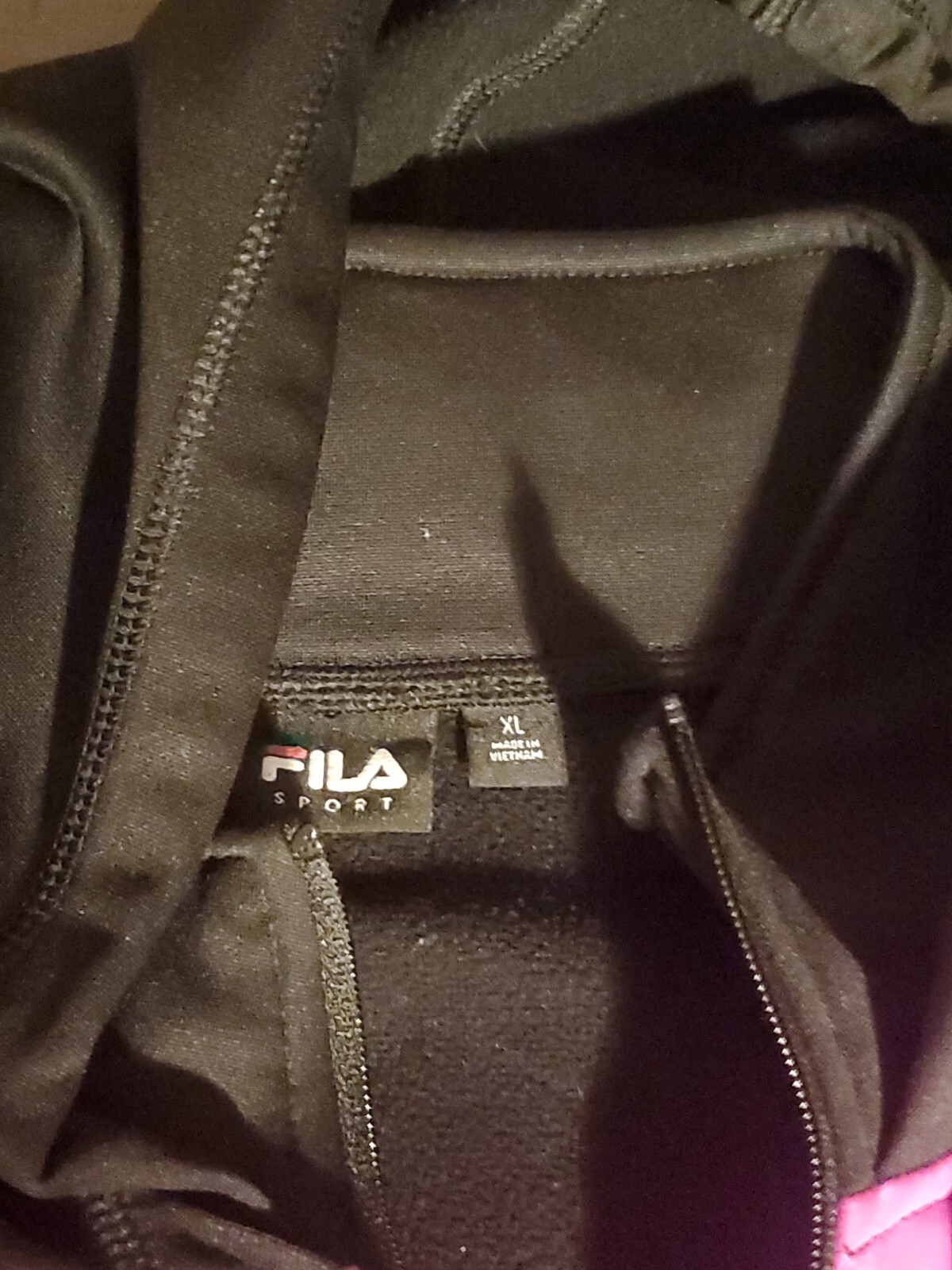 FILA SPORT Donna XL Giacca Cerniera Frontale Cappuccio Nero con Rosa Trapuntato