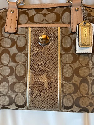 COACH KHAKI SIGNATURE PYTHON STRIPE SATCHEL 27364 HANDBAG SHOULDER