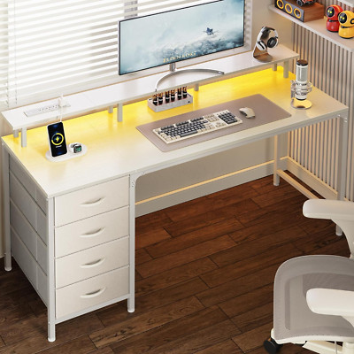 55'' Gaming Desk with LED Lights, Power Outlets & 4 Drawers for Home Office