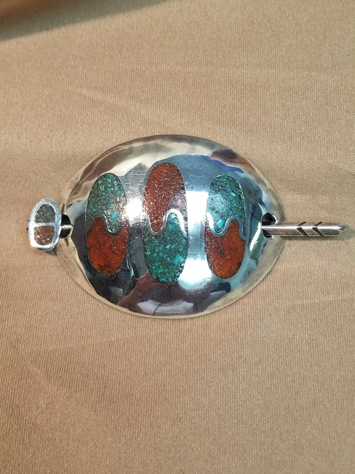 Clip de pelo/moño de plata esterlina turquesa y coral de colección con palo  Foto 3 de 4