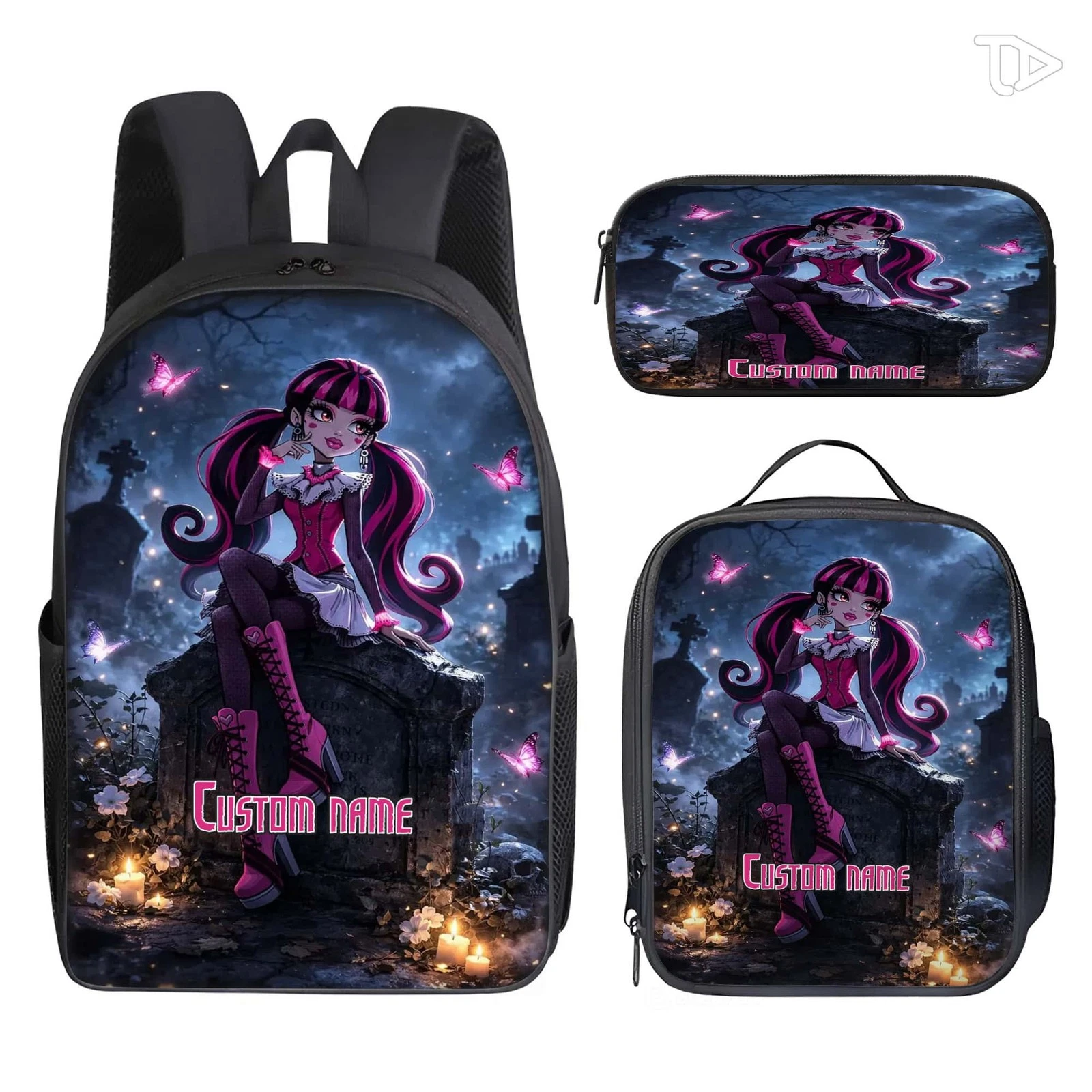 Personalized Gothic Vampire Girl Backpack Lunch Bag Pencil Case 3Pc School Set