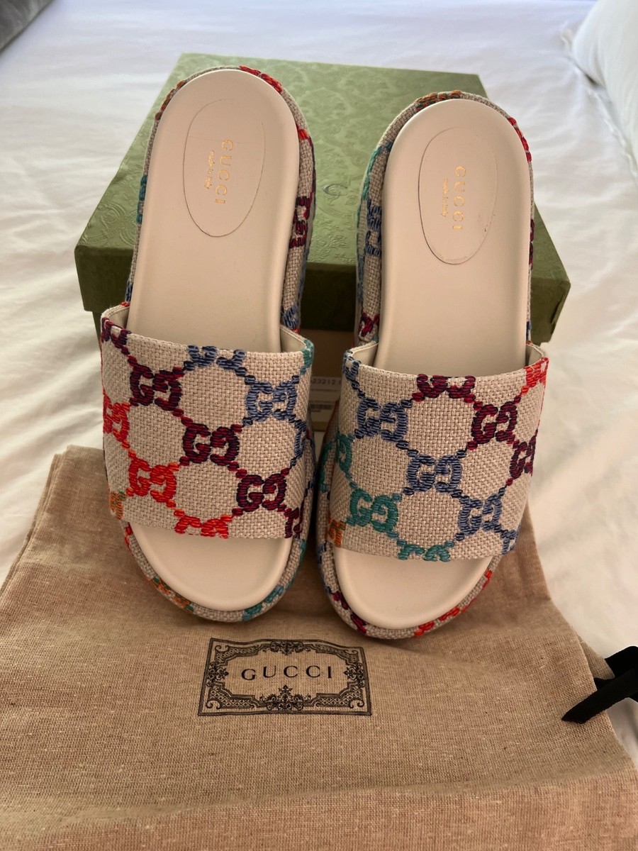 GUCCI Linen Psychedelic Mini GG Monogram Angelina Platform Slide